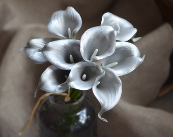 9 Silver Calla Lilies Real Touch Flowers, DIY Wedding Bouquets