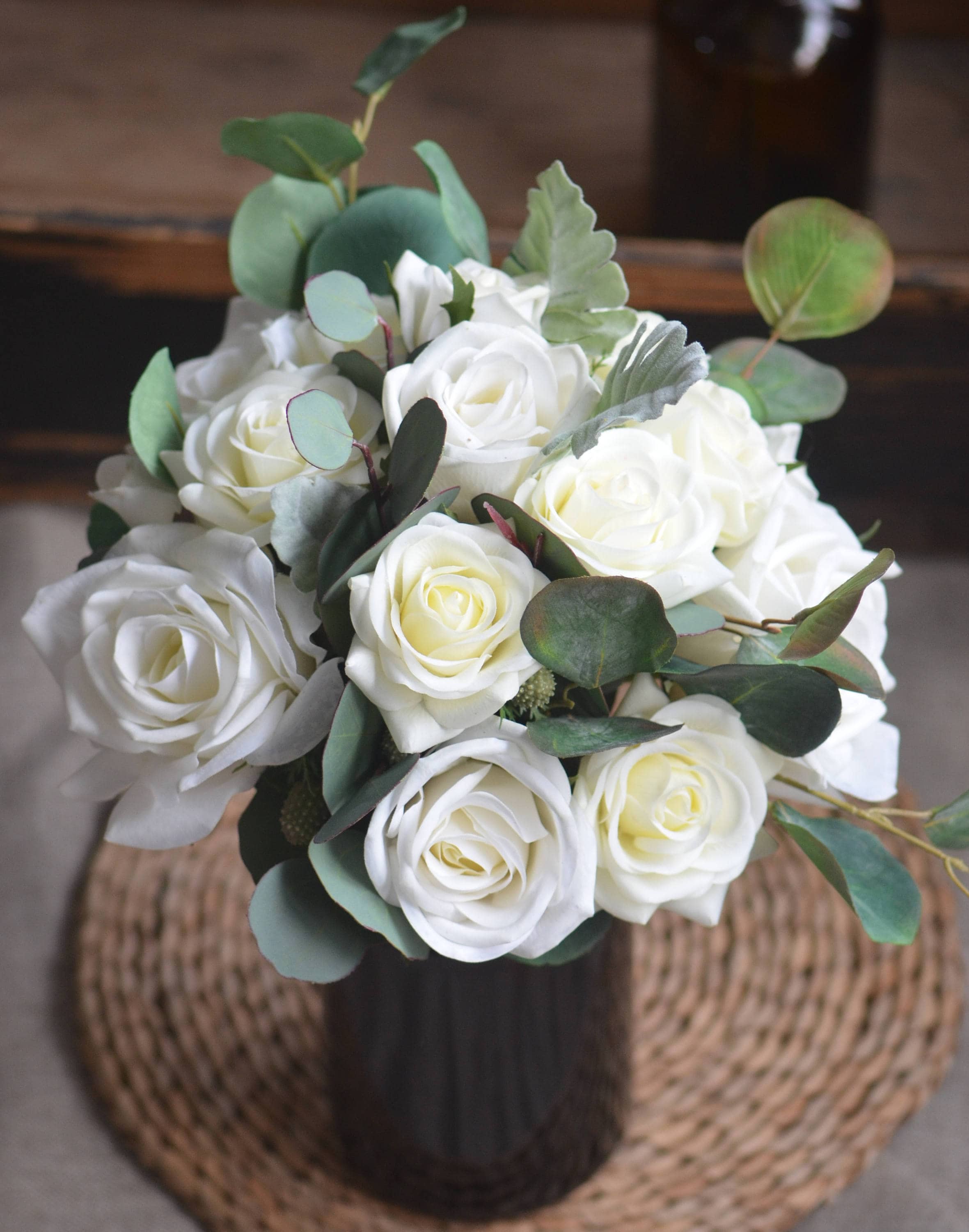 Ivory White Roses Eucalyptus Silk Wedding Bouquets Real Touch | Etsy