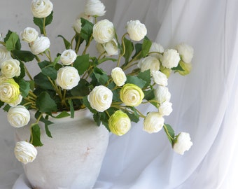 3 Heads Faux Ranunculus Flowers in Cream White/Soft Green - 16.5", Faux Spring Plant Stem, Centerpieces | Wedding/Home Decoration | Gifts