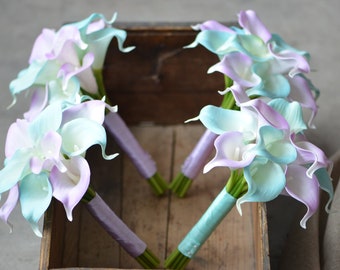 Aqua Purple Bridesmaids Bouquets, Real Touch Flowers, Calla Lilies, Real Touch Wedding Bouquets