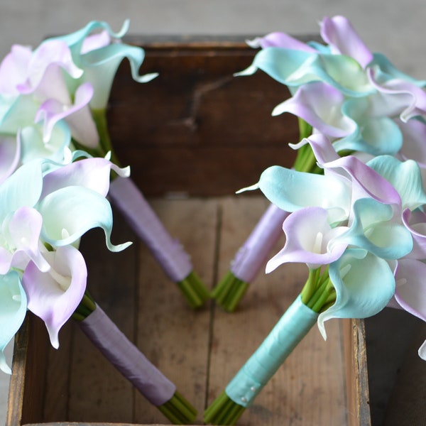 Aqua Purple Bridesmaids Bouquets, Real Touch Flowers, Calla Lilies, Real Touch Wedding Bouquets