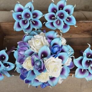 Blue Purple Orchids Calla Lilies Bridal Bouquets off White Roses Real ...