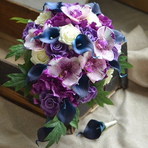 Purple Navy Cascade Bridal Bouquet Real Touch Purple Roses Purple ...