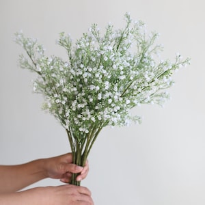 Op de afbeelding: Een boeket witte baby's breath bloemen met groene stelen.