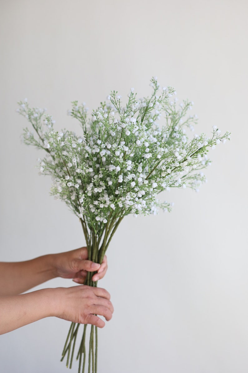 Op de afbeelding: Een boeket witte baby's breath bloemen met groene stelen.