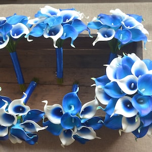 Royal Blue Calla Lily Bouquets Wedding Package Real touch Calla Lilies Blue Picasso Callas