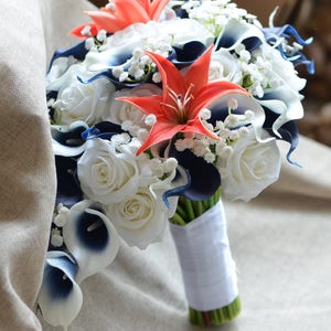 Coral Navy Wedding Bridal Bouquets, Bridesmaids Bouquets, Boutonnieres, Real Touch Coral Navy Picasso Calla Lilies, White Roses, Tiger Lily 1 bride--10"x17"