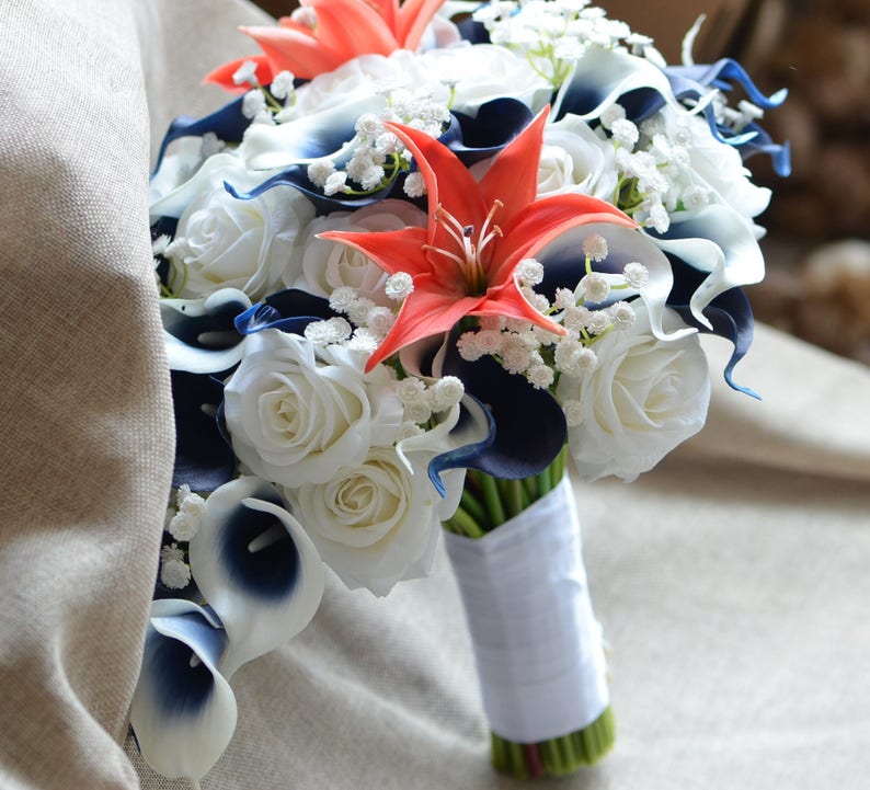 Coral Navy Wedding Bridal Bouquets, Bridesmaids Bouquets, Boutonnieres, Real Touch Coral Navy Picasso Calla Lilies, White Roses, Tiger Lily 1 bride--10"x17"