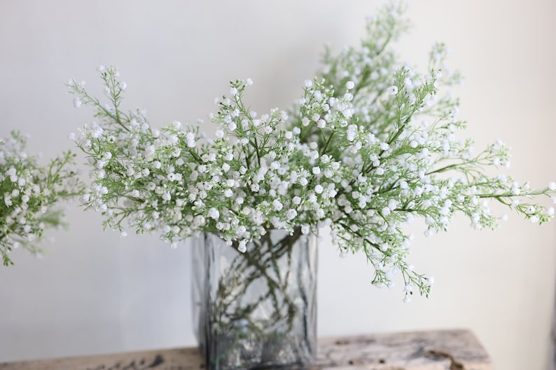 Op de afbeelding: Een boeket witte gipskruidbloemen in een heldere glazen vaas. De bloemen zijn losjes en natuurlijk gerangschikt.