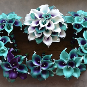 Turquoise Purple Bridal Bouquets Real Touch Calla Lilies Bridesmaids Bouquets Boutonnieres