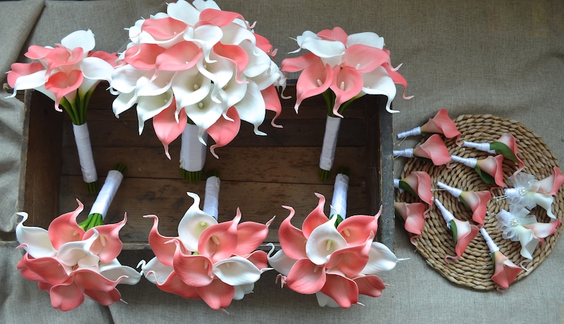 Coral Bridal Bouquets Coral Calla Lilies Ivory Callas Real Touch flowers Wedding Bridesmaids Bouquets Boutonnieres