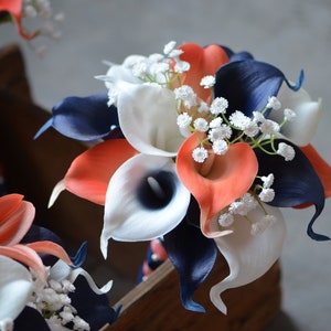 Coral Navy Wedding Bridal Bouquets, Bridesmaids Bouquets, Boutonnieres, Real Touch Coral Navy Picasso Calla Lilies, White Roses, Tiger Lily 1 bridesmaid--8"