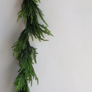 May include: A long, green garland of artificial pine branches hangs against a white wall.