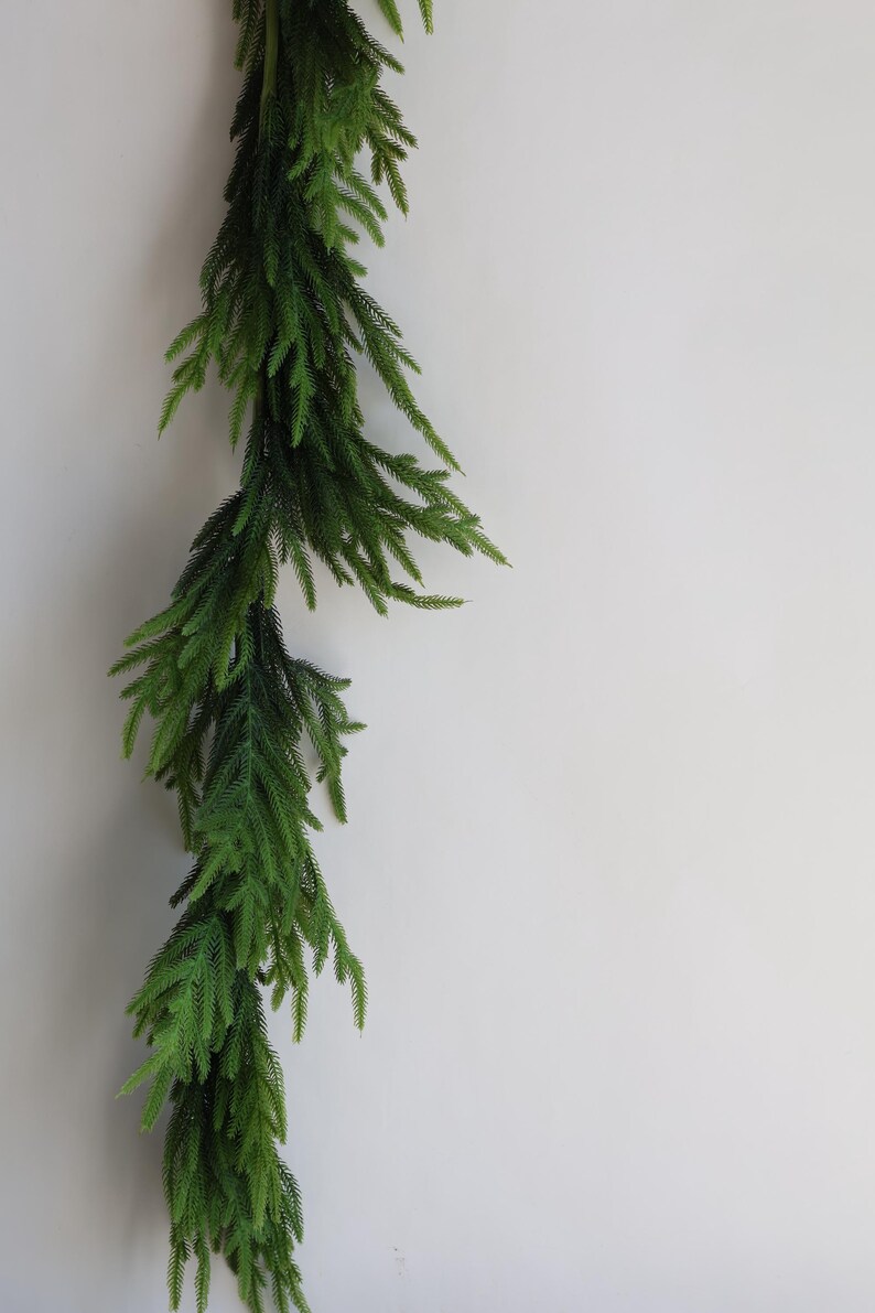 May include: A long, green garland of artificial pine branches hangs against a white wall.
