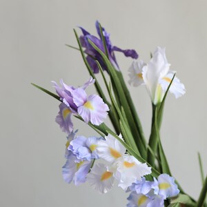 May include: A bouquet of purple, white and blue iris flowers in a brown ceramic vase. The flowers have yellow centres and are arranged in a loose, natural style.