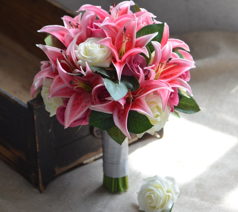 Hot Pink Lilies Roses Bridal Bouquets Real Touch Flowers Groom Boutonniere