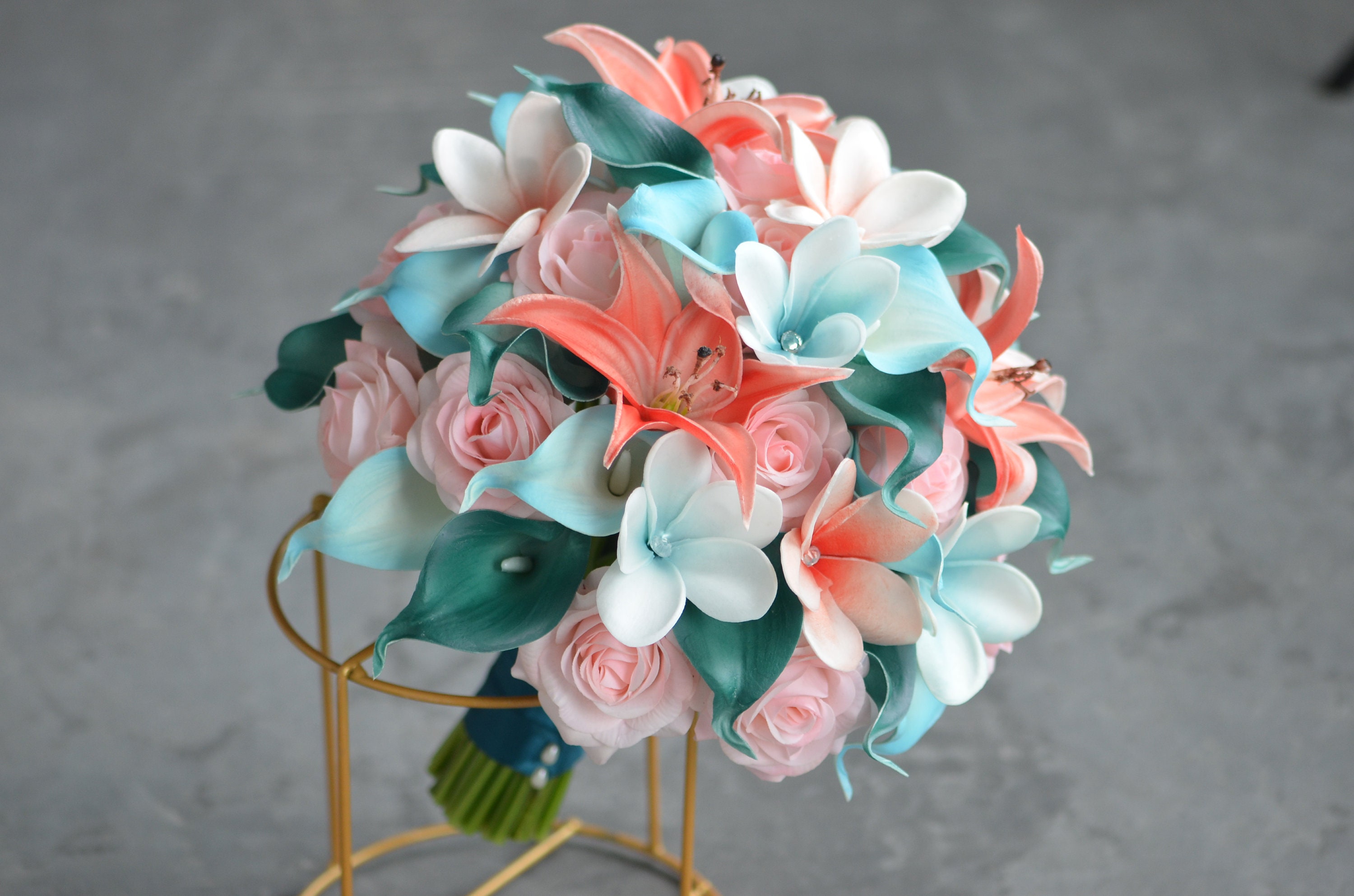Peach Coral Royal Blue Rose Calla Lily Bridal Wedding Bouquet Accessor –  Bridal Wedding Bouquets