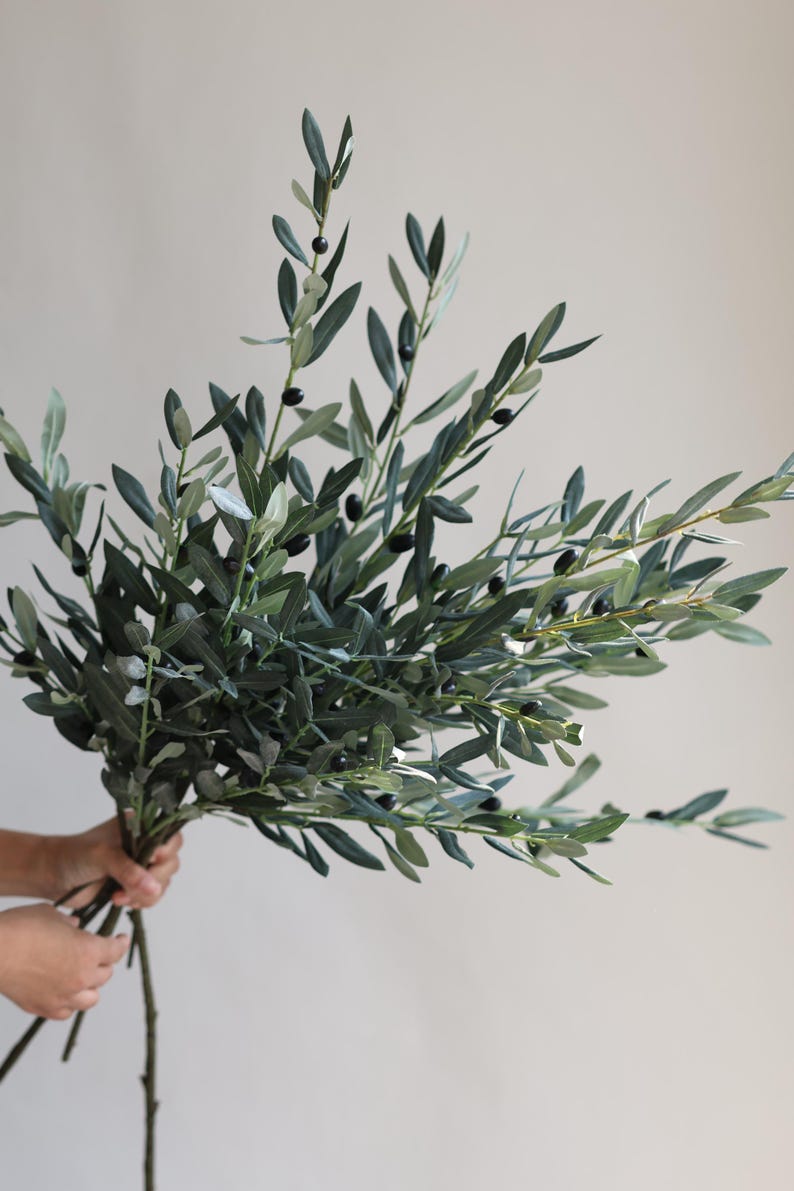 May include: A bunch of artificial olive branches with green leaves and black olives.