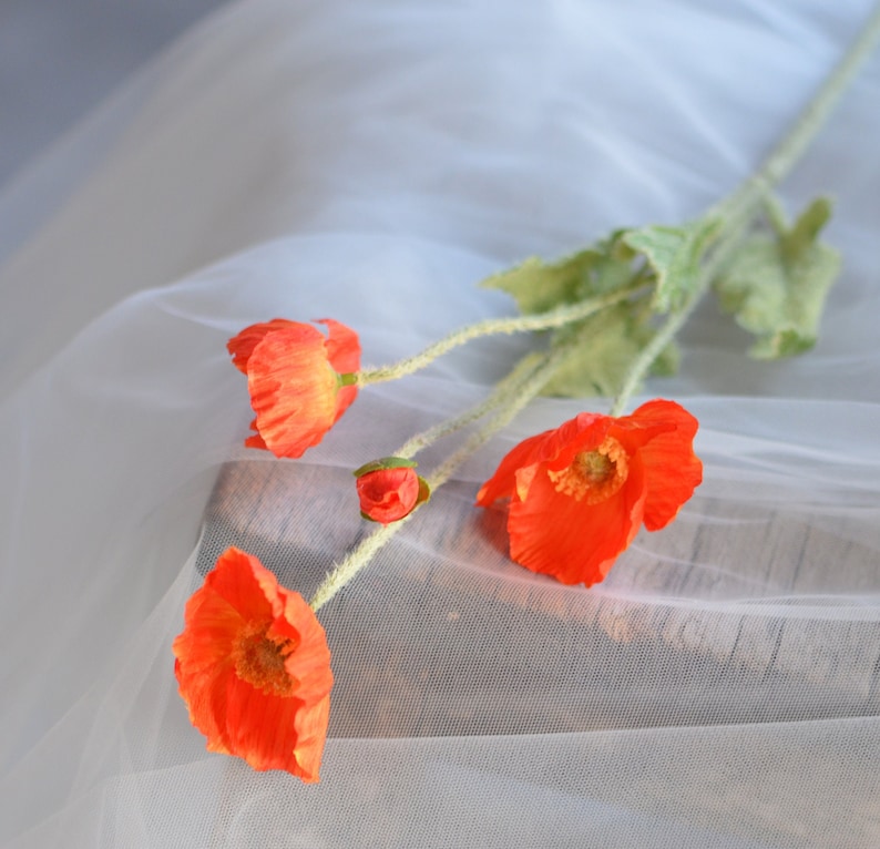 Puede incluir: Un ramo de flores de amapola naranja con tallos y hojas verdes sobre un fondo de tul blanco.