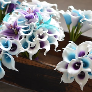 Blue Purple Calla Lilies Bridal Bouquets, Real Touch Tiger Lilies, Bridesmaids Bouquets, Corsages, Malibu Blue Purple Wedding Bouquets