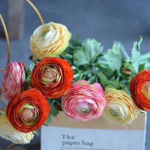 19" Artificial Ranunculus, Soft Ranunculus, Orange, Pink, Yellow Ranunculus, DIY Wedding Flowers Silk Bridal Bouquets Wedding Centerpieces