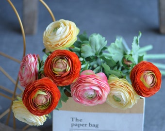 19" Artificial Ranunculus, Soft Ranunculus, Orange, Pink, Yellow Ranunculus, DIY Wedding Flowers Silk Bridal Bouquets Wedding Centerpieces