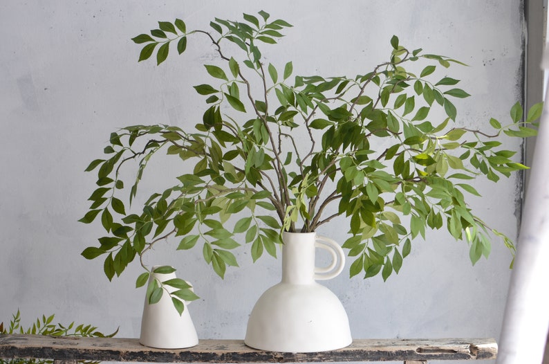 May include: Two white ceramic vases with a leafy green plant in the larger vase. The larger vase has a wide, rounded base and a handle on the side. The smaller vase is a simple cone shape.