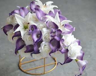 Purple Calla Lily Bridal Bouquet, White Roses, Real Touch Flowers