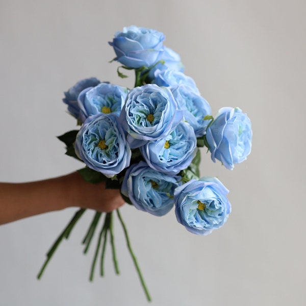 18.9” Light/Pale Blue Faux Real Touch English Cabbage Roses, Realistic Fake Flowers, DIY Florals |Wedding/Home/Kitchen Decorations