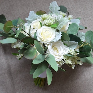 Ivory Roses Eucalyptus Silk Bridal Bouquets Real Touch Roses Rustic Boho Chic Wedding Bouquets