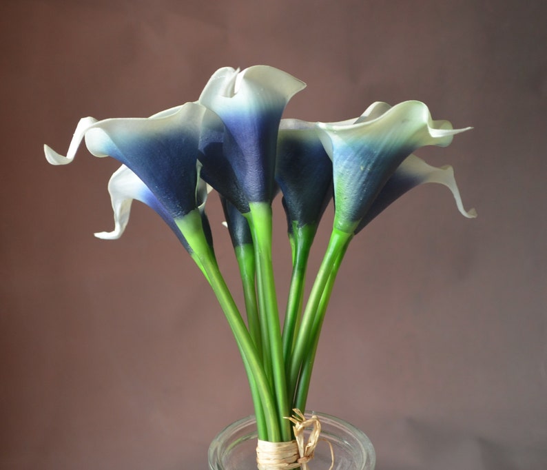 Dark Navy Picasso Calla Lilies Real Touch Flowers DIY Silk bridal Bouquets Wedding centerpieces image 2