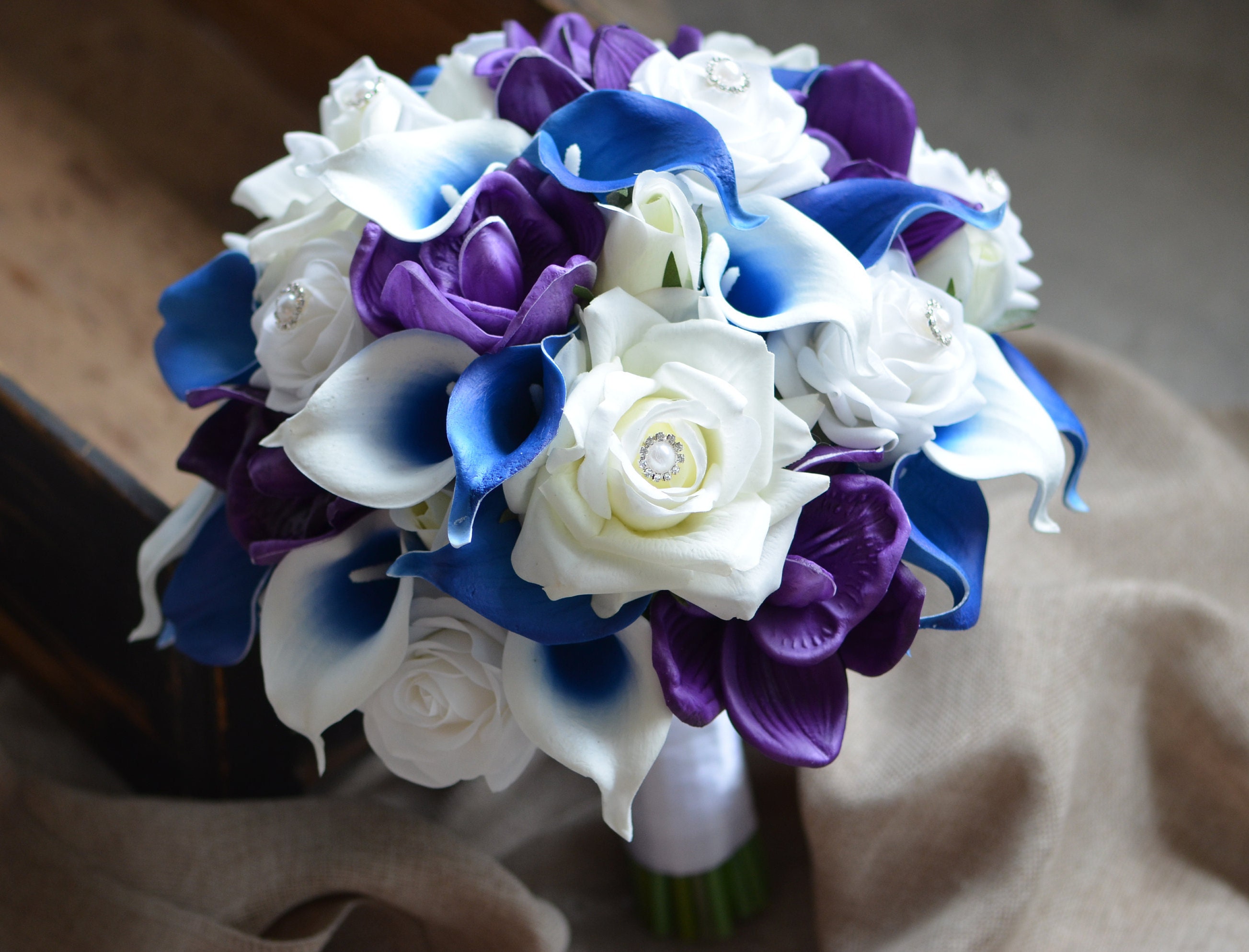 Royal Blue Purple Bridal Bouquet Real Touch Flowers Calla Lily Etsy