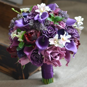 Purple Bridal Bouquet, Real Touch Purple Callas, Roses, Burgundy Peonies, Wedding Bouquets