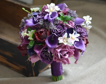 Purple Bridal Bouquet, Real Touch Purple Callas, Roses, Burgundy Peonies, Wedding Bouquets