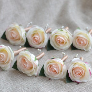 Peach Blush Rose Boutonnieres Real Touch Small Roses Boutonnieres Champagne Ribbons -Choose Your Colors
