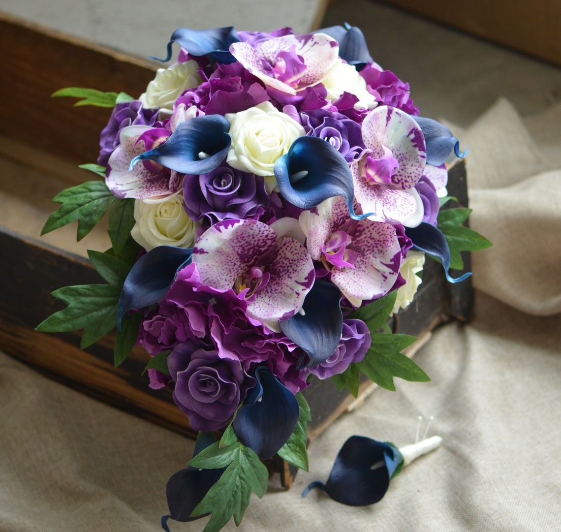 Purple Navy Cascade Bridal Bouquet Real Touch Purple Roses Etsy