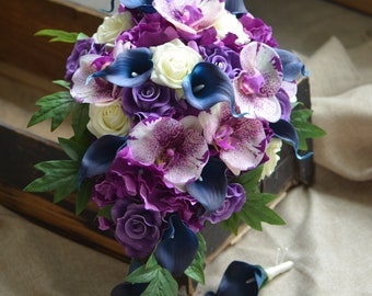 Purple Navy Cascade Bridal Bouquet Real Touch Purple Roses Purple Orchids Calla Lilies Silk Hydrangeas Wedding Bouquets