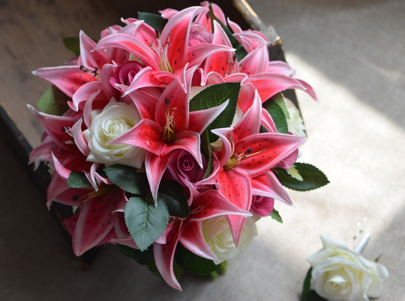 Hot Pink Lilies Roses Bridal Bouquets Real Touch Flowers Groom Boutonniere