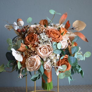 Burnt Orange And Dusty Peach Wedding Bouquet, Fall Apricot Boho Bridal Bouquet, Terracotta Rustic Home Decor Flowers, Boutonniere Corsage