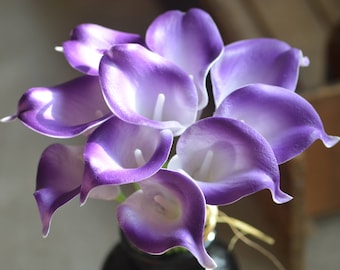 Purple White Calla Lilies Real Touch Flowers DIY Silk Wedding Bouquets, Centerpieces, Wedding Decorations