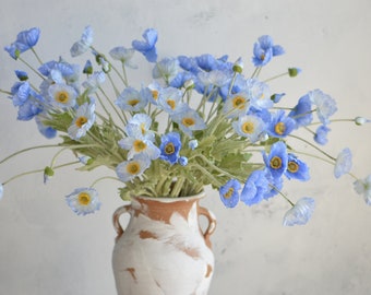 Flores de amapola azul sintética de 23,5 pulgadas/4 cabezas, flores falsas de primavera/verano, flores de bricolaje/centros de mesa, boda/hogar/decoraciones de cocina/regalos