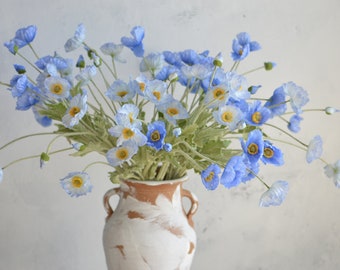 Amapolas azules artificiales de 23,5" (4 cabezas), flores artificiales de primavera/verano, centros de mesa para hacer tú mismo, decoraciones para bodas, hogar y cocina, regalos.