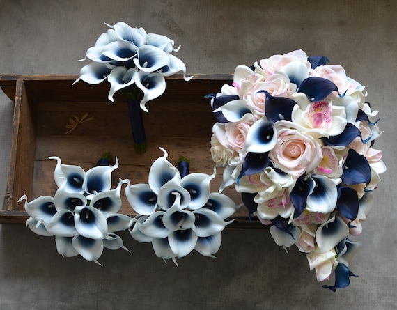 Navy Real Touch Calla Lily Bouquet, Blush Roses, Wedding Flowers