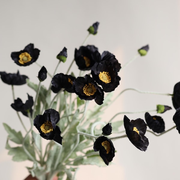 4 Heads Faux Black and White Poppy Flowers, 23.5" Silk Flower Poppy Branch, DIY Florals/Centerpiece, Wedding/Home/Kitchen/Office Decors|Gift