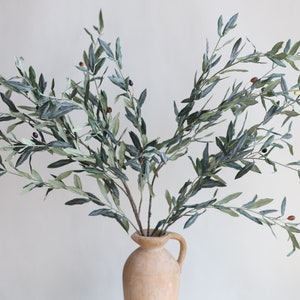 May include: A bouquet of artificial olive branches with green leaves and small black and brown olives in a terracotta vase.