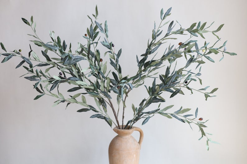 May include: A bouquet of artificial olive branches with green leaves and small black and brown olives in a terracotta vase.