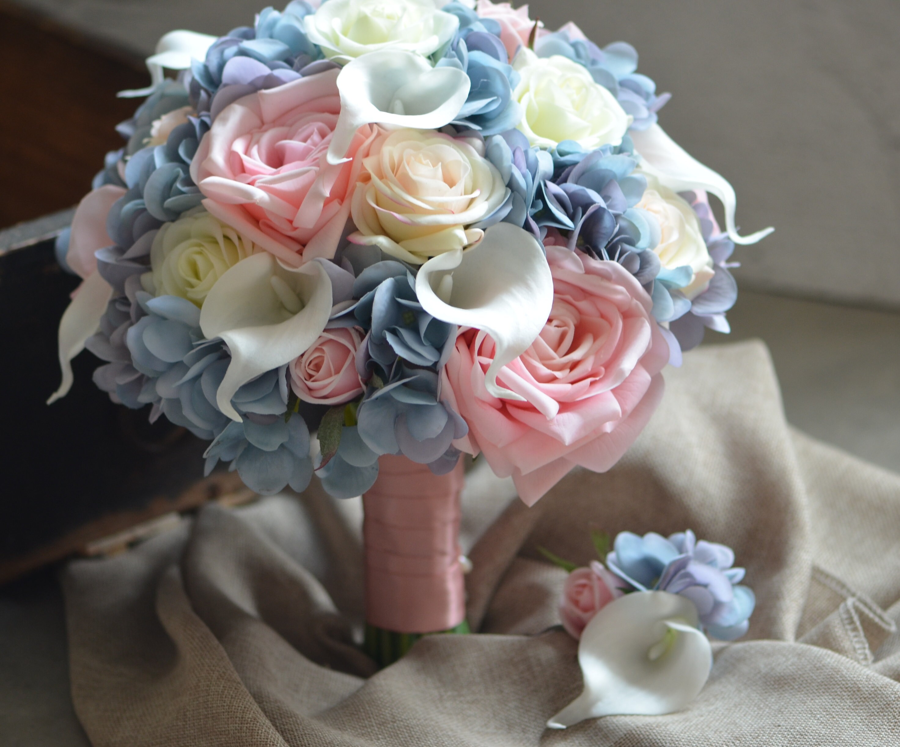 Dusty Blue Blush Bridal Bouquets Real Touch Roses Hydrangeas Etsy