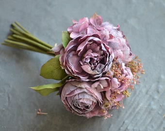 Mulit Colors, 10 stems Dried Look Faux Flowers Bouquet, Purple Dried Look Roses, Peonies, Hydrangeas, Purple Wedding Home Decor, DIY Florals