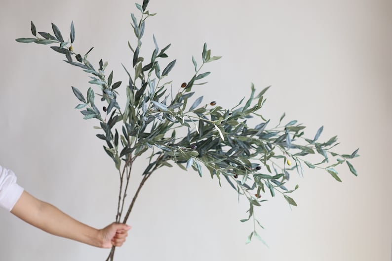 May include: A bunch of artificial olive branches with green leaves and small brown olives.