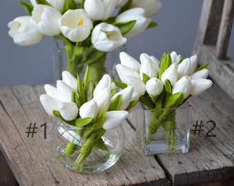Mini Ivory White Tulips Arrangement In Vase, Faux Floral Arrangement, Faux Water, Gift, Real Touch Tulips